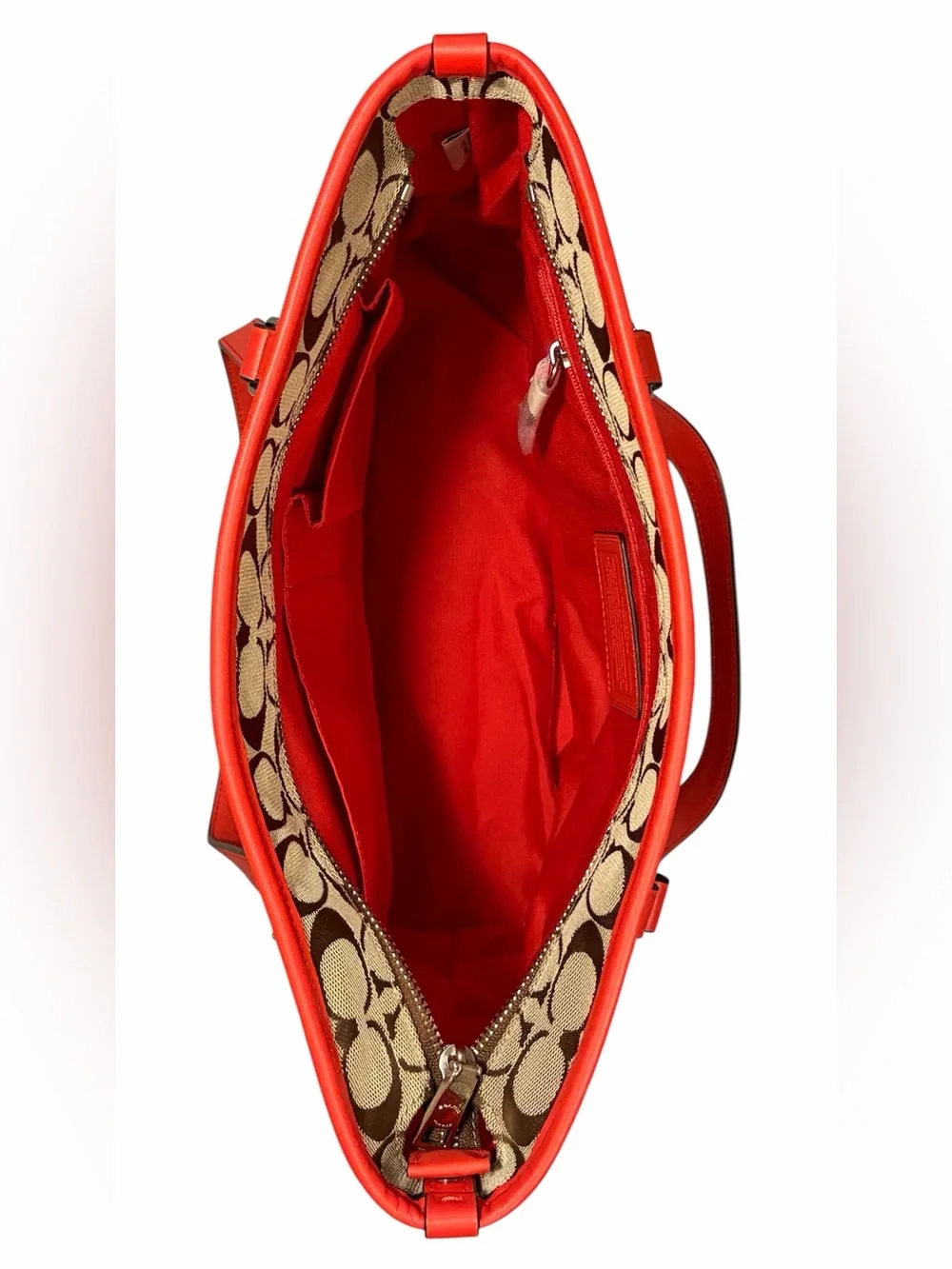 Coach Signature Zip Top Tote Khaki/Red NWT